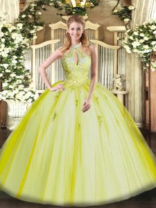 Amazing Yellow Green Sleeveless Tulle Lace Up 15 Quinceanera Dress for Military Ball and Sweet 16 and Quinceanera