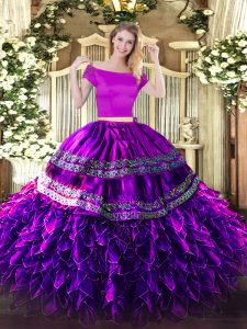 Sumptuous Floor Length Zipper 15th Birthday Dress Eggplant Purple for Military Ball and Sweet 16 and Quinceanera with Embroidery and Ruffles