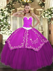 Attractive Fuchsia Lace Up Sweetheart Appliques and Embroidery Quinceanera Gowns Organza and Taffeta Sleeveless