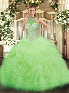 Yellow Green Halter Top Neckline Beading and Ruffles and Pick Ups Vestidos de Quinceanera Sleeveless Lace Up