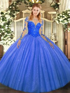Floor Length Blue 15 Quinceanera Dress Scoop Long Sleeves Lace Up