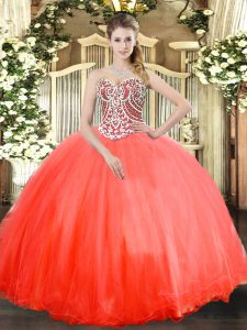Low Price Floor Length Lace Up Sweet 16 Quinceanera Dress Coral Red for Military Ball and Sweet 16 and Quinceanera with Beading
