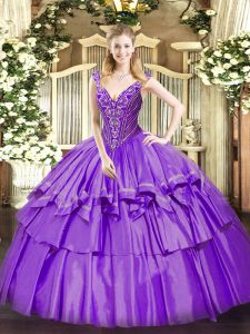 Sleeveless Organza and Taffeta Floor Length Lace Up Sweet 16 Dresses in Lavender with Beading and Ruffled Layers