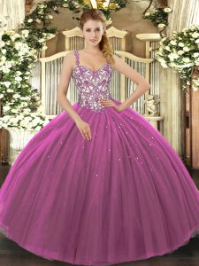 High Class Floor Length Purple Quinceanera Gown Tulle Sleeveless Beading and Appliques
