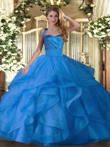 Blue Ball Gowns Ruffles 15 Quinceanera Dress Lace Up Tulle Sleeveless Floor Length