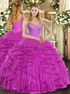 V-neck Sleeveless Ball Gown Prom Dress Floor Length Beading and Ruffles Fuchsia Tulle