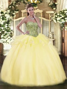 Pretty Light Yellow Sleeveless Floor Length Beading and Ruffles Lace Up Quinceanera Gown