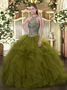 Sleeveless Organza Floor Length Lace Up Ball Gown Prom Dress in Olive Green with Beading