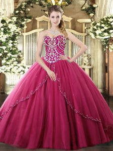 Ball Gowns Sleeveless Hot Pink Quinceanera Dress Brush Train Lace Up