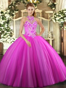 Free and Easy Tulle Halter Top Sleeveless Lace Up Embroidery Ball Gown Prom Dress in Fuchsia