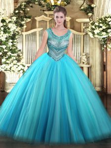 New Arrival Scoop Sleeveless Lace Up Quinceanera Gown Baby Blue Tulle