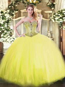 Dynamic Yellow Tulle Lace Up Quinceanera Dress Sleeveless Floor Length Beading