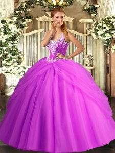 Floor Length Lilac Quinceanera Gown Straps Sleeveless Lace Up