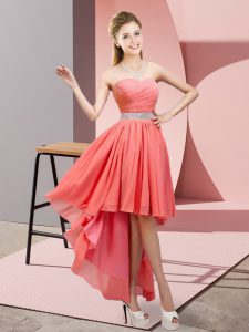 Superior Beading Prom Dresses Watermelon Red Lace Up Sleeveless High Low