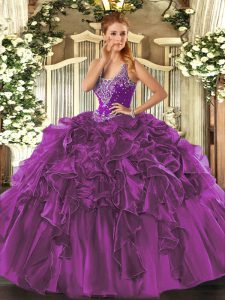 Eggplant Purple Organza Lace Up Sweet 16 Dress Sleeveless Floor Length Beading and Ruffles