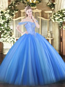 Most Popular Baby Blue Ball Gowns Off The Shoulder Sleeveless Tulle Floor Length Lace Up Beading Quinceanera Dresses