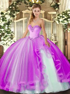 Lilac Tulle Lace Up Sweetheart Sleeveless Floor Length Quince Ball Gowns Beading and Ruffles