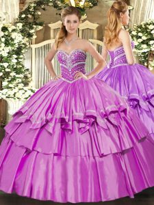 Floor Length Lilac 15th Birthday Dress Organza and Taffeta Sleeveless Beading and Ruffled Layers
