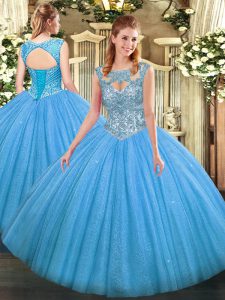 Wonderful Baby Blue Ball Gowns Beading Sweet 16 Dresses Lace Up Tulle Sleeveless Floor Length