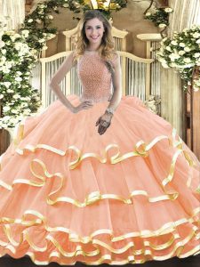 New Arrival High-neck Sleeveless 15th Birthday Dress Floor Length Beading and Ruffled Layers Peach Organza