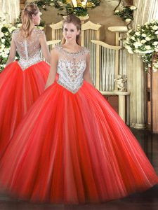 Coral Red Tulle Zipper 15 Quinceanera Dress Sleeveless Floor Length Beading