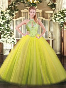 Elegant Floor Length Yellow Green Quince Ball Gowns Halter Top Sleeveless Lace Up
