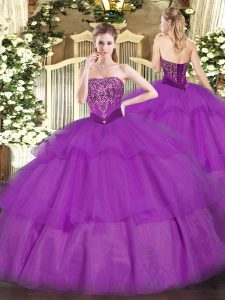 Sleeveless Floor Length Beading and Ruffled Layers Lace Up Sweet 16 Quinceanera Dress with Purple