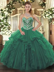 Extravagant Tulle Sweetheart Sleeveless Lace Up Beading and Ruffles 15th Birthday Dress in Green
