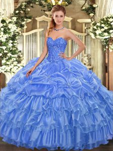 Baby Blue Sleeveless Beading and Ruffled Layers and Pick Ups Floor Length Quince Ball Gowns