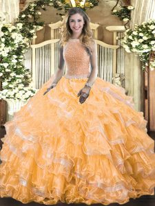 Luxury High-neck Sleeveless Lace Up Sweet 16 Dress Orange Organza