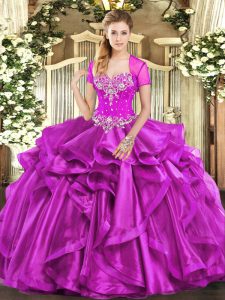 Fuchsia Organza Lace Up Quinceanera Dresses Sleeveless Floor Length Beading and Ruffles