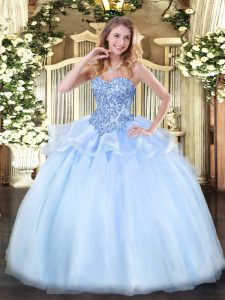 Wonderful Organza Sweetheart Sleeveless Lace Up Appliques Quinceanera Gown in Light Blue