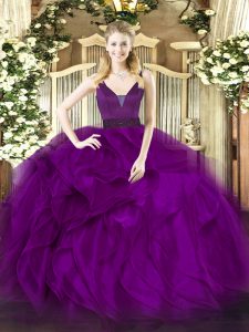 Attractive Purple Ball Gowns Organza Straps Sleeveless Beading and Ruffles Floor Length Zipper Ball Gown Prom Dress