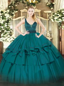 Sleeveless Floor Length Beading and Ruffled Layers Zipper Sweet 16 Dresses with Teal