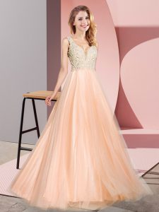 Deluxe Peach A-line Tulle V-neck Sleeveless Lace Floor Length Zipper Homecoming Dress