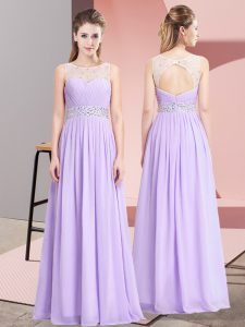 Luxurious Lavender Chiffon Lace Up Scoop Sleeveless Floor Length Prom Evening Gown Beading