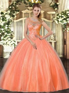 Exceptional Orange Red Scoop Neckline Beading Quinceanera Gown Sleeveless Lace Up