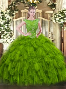 Romantic Olive Green Zipper Scoop Beading and Ruffles Sweet 16 Dresses Organza Sleeveless