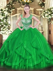 Adorable Green Lace Up Scoop Beading and Ruffles 15 Quinceanera Dress Tulle Sleeveless