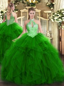 Green Halter Top Lace Up Ruffles and Sequins 15th Birthday Dress Sleeveless
