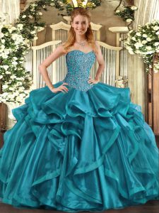 Fancy Teal Sleeveless Organza Lace Up Sweet 16 Quinceanera Dress for Military Ball and Sweet 16 and Quinceanera