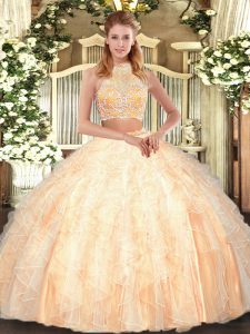 Captivating Peach Tulle Criss Cross Quinceanera Gowns Sleeveless Floor Length Beading and Ruffles