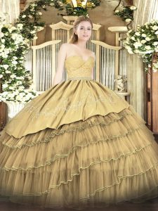 Floor Length Gold Ball Gown Prom Dress Organza and Taffeta Sleeveless Beading and Lace and Embroidery and Ruffled Layers