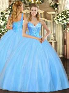 Aqua Blue Ball Gowns Tulle V-neck Sleeveless Beading Floor Length Lace Up Sweet 16 Quinceanera Dress