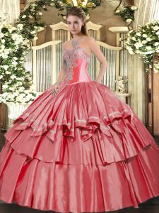 Unique Coral Red Ball Gowns Sweetheart Sleeveless Organza and Taffeta Floor Length Lace Up Beading and Ruffled Layers Sweet 16 Quinceanera Dress