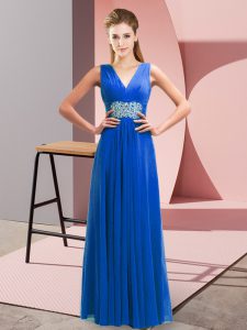 Free and Easy Blue Sleeveless Beading and Ruching Floor Length Dress for Prom