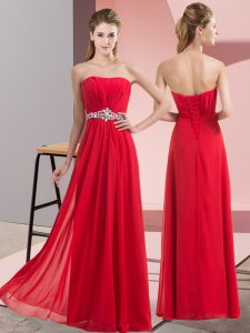 Sweet Red Empire Chiffon Strapless Sleeveless Beading Floor Length Lace Up Evening Dress