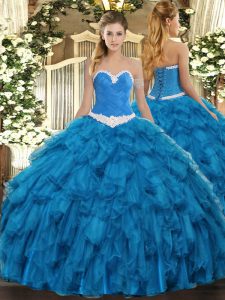 Blue Quince Ball Gowns Military Ball and Sweet 16 and Quinceanera with Appliques and Ruffles Sweetheart Sleeveless Lace Up