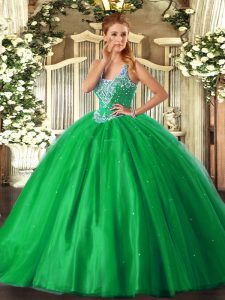 Romantic Green Ball Gowns Straps Sleeveless Tulle Floor Length Lace Up Beading Vestidos de Quinceanera