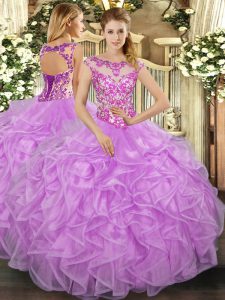 Organza Scoop Cap Sleeves Lace Up Beading and Appliques and Ruffles Quinceanera Dresses in Lilac